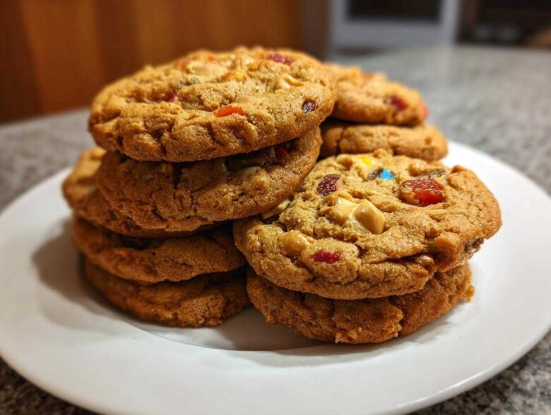 A close-up stack of chewy fruitcake cookies loaded with colorful dried fruit and nuts, featured prominently on a white plate.