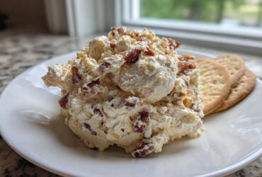 A scoop of creamy Neiman Marcus dip topped with bacon pieces, served on a white plate next to round crackers.