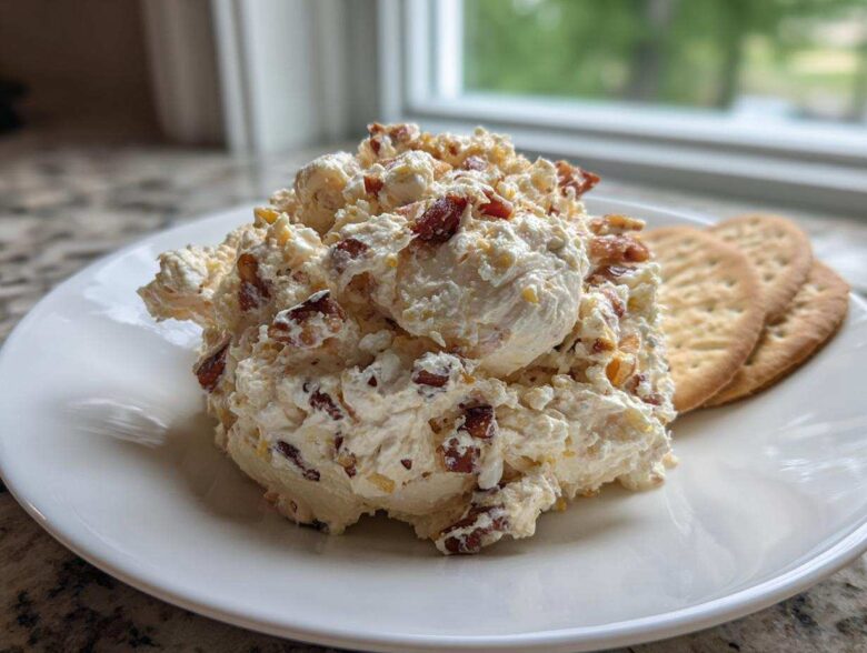 A scoop of creamy Neiman Marcus dip topped with bacon pieces, served on a white plate next to round crackers.