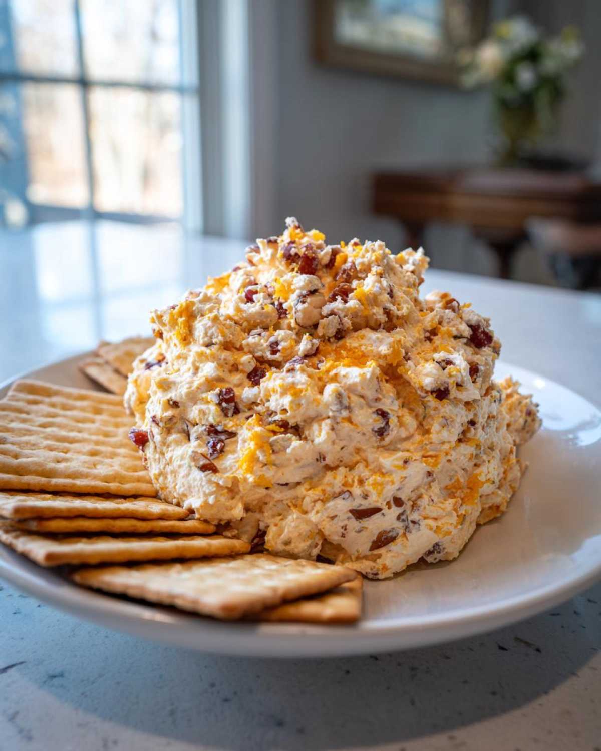 A mound of creamy Neiman Marcus dip topped with cheese and pecans, served with square crackers on a white plate.
