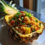 Close-up of flavorful pineapple fried rice served inside a hollowed-out pineapple half, topped with shrimp and cashews.
