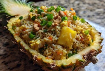Close-up of delicious pineapple fried rice served inside a hollowed-out pineapple half, topped with cashews and green onions.
