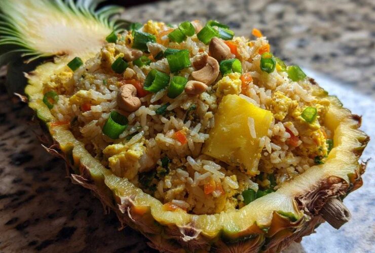 Close-up of delicious pineapple fried rice served inside a hollowed-out pineapple half, topped with cashews and green onions.