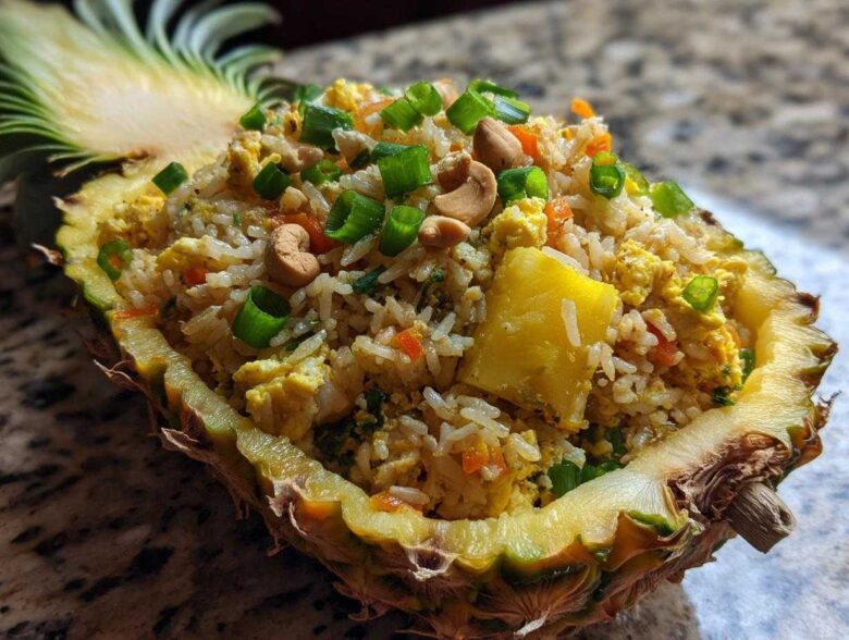Close-up of delicious pineapple fried rice served inside a hollowed-out pineapple half, topped with cashews and green onions.