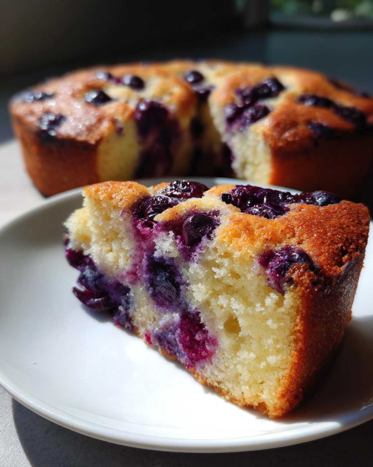 Close-up of a moist slice of blueberry breakfast cake on a white plate with the rest of the cake blurred in the background.