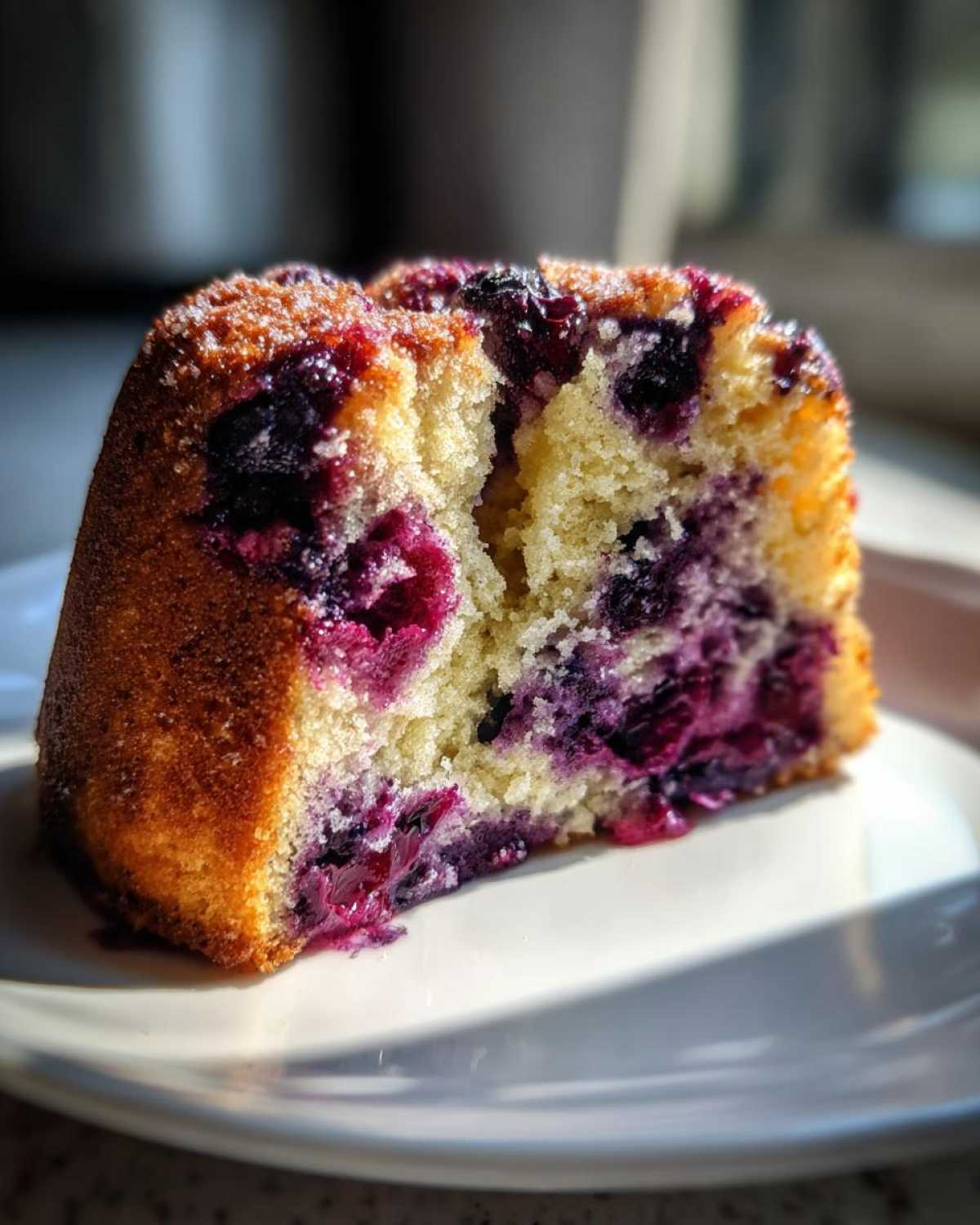 Close-up of a moist slice of blueberry breakfast cake on a white plate, showing bright purple berries.