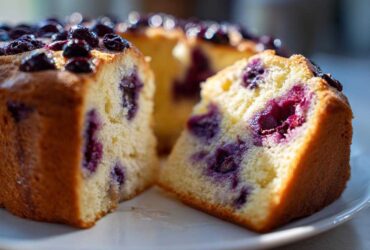 A close-up of a moist slice cut from a blueberry breakfast cake, showing the yellow crumb and dark purple berries.