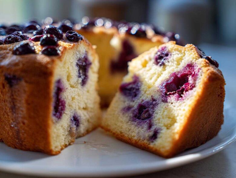 A close-up of a moist slice cut from a blueberry breakfast cake, showing the yellow crumb and dark purple berries.
