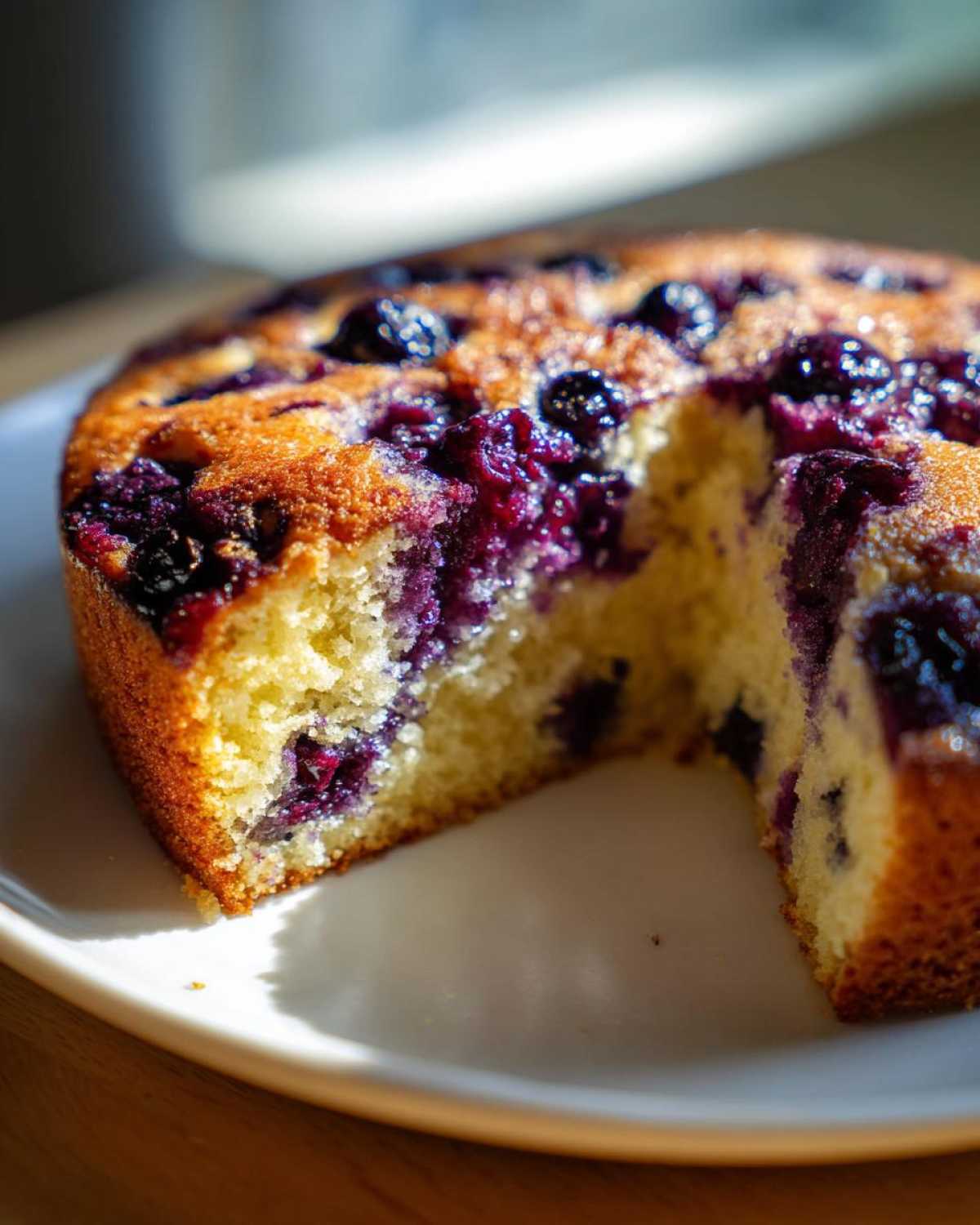 Close-up of a moist, golden breakfast cake studded with dark blueberries, with one slice removed.