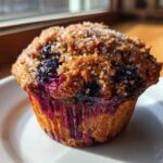 A close-up, sunlit photo of a single blueberry oatmeal muffin topped with coarse sugar, sitting on a white plate.