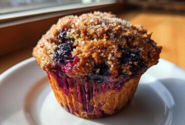 A close-up, sunlit photo of a single blueberry oatmeal muffin topped with coarse sugar, sitting on a white plate.