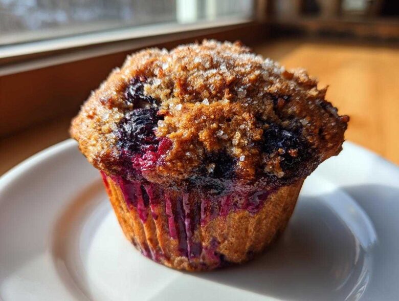 A close-up, sunlit photo of a single blueberry oatmeal muffin topped with coarse sugar, sitting on a white plate.