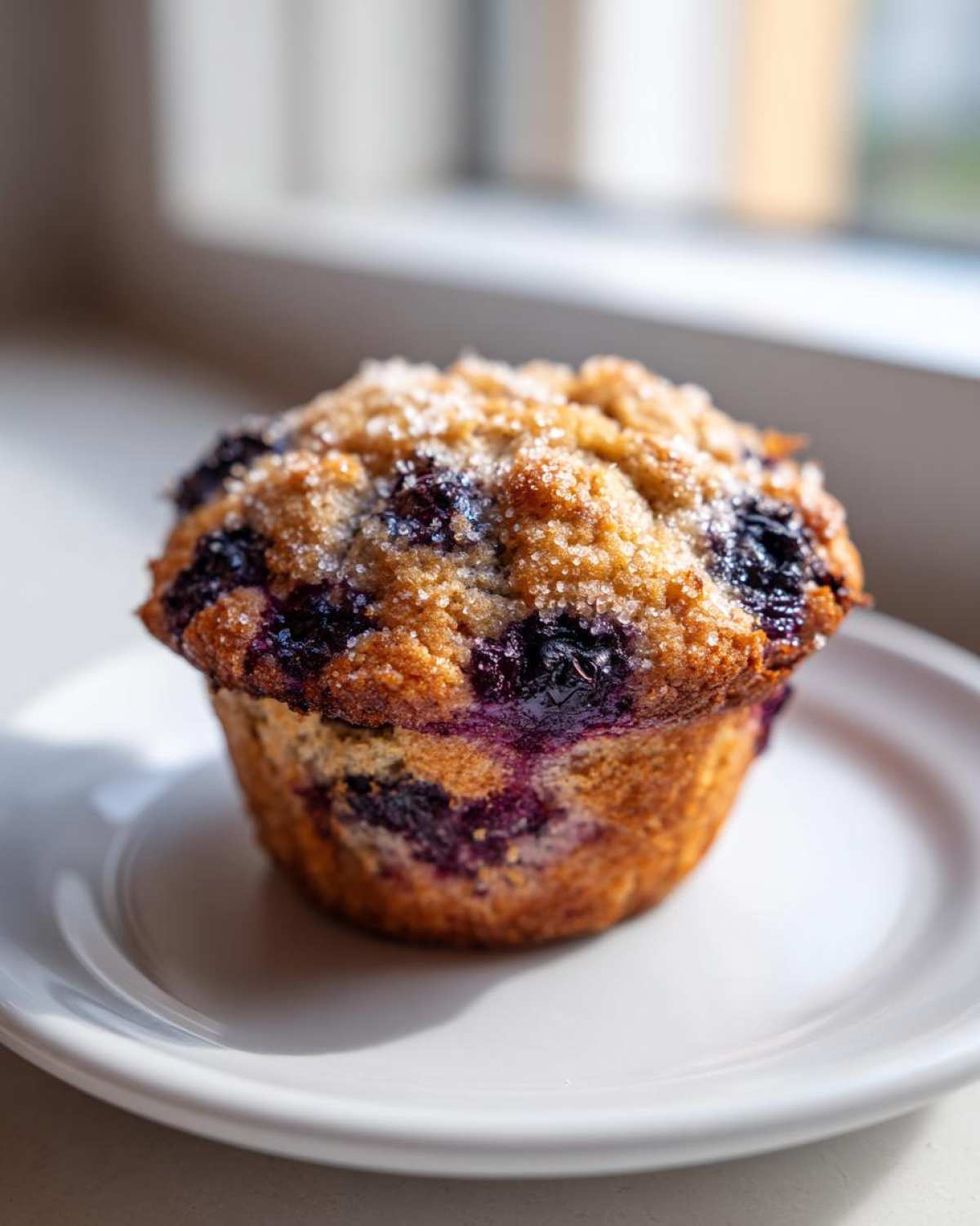 Close-up of a freshly baked blueberry oatmeal muffin topped with coarse sugar, sitting on a white plate.