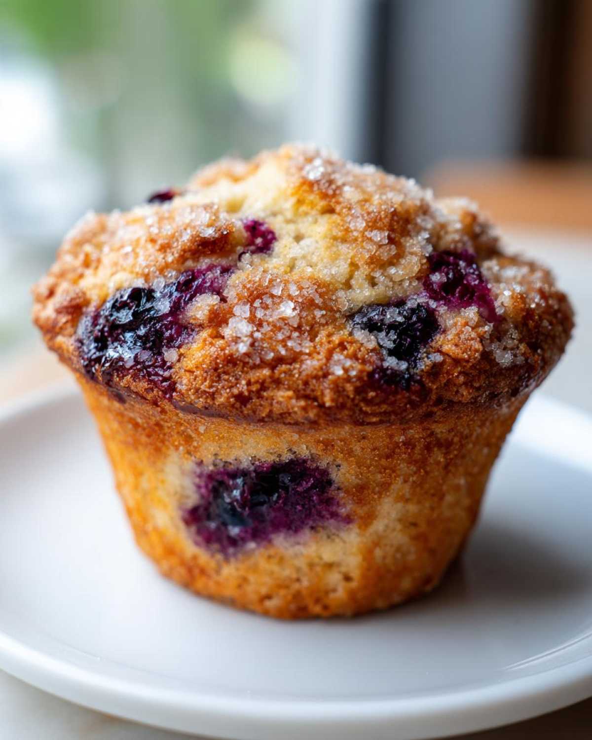 A close-up of a golden brown blueberry oatmeal muffin topped with coarse sugar crystals.