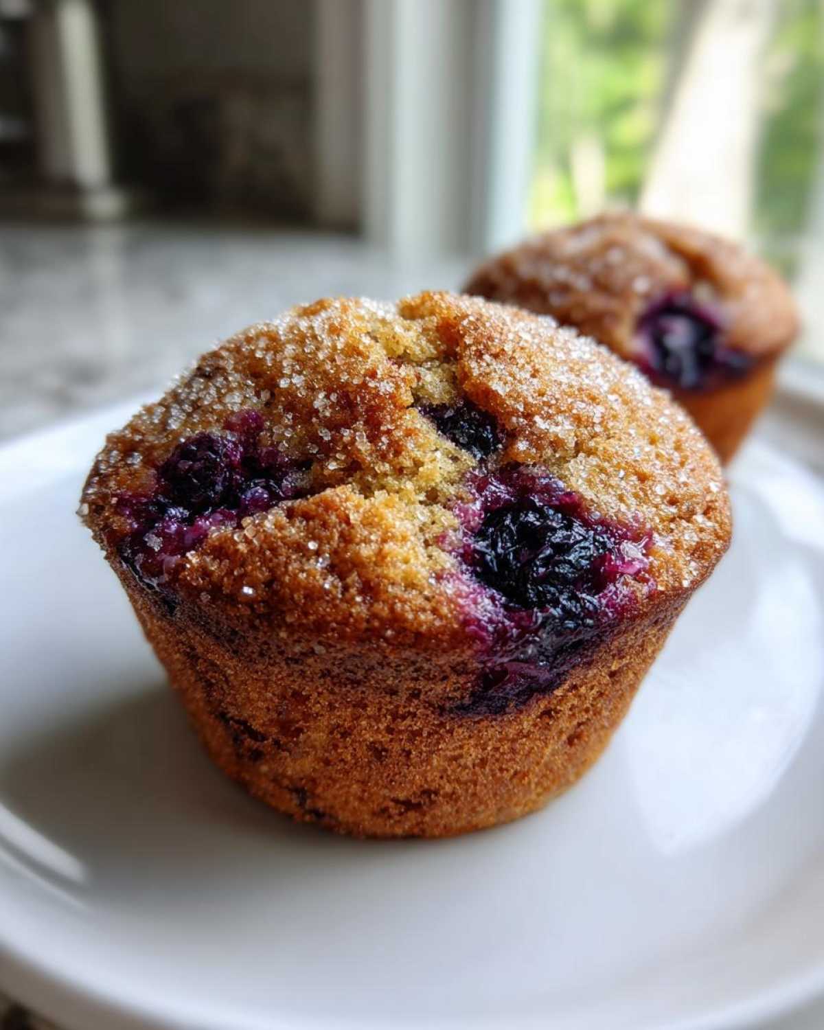 A close-up of a golden brown blueberry oatmeal muffin topped with coarse sugar, sitting on a white plate.