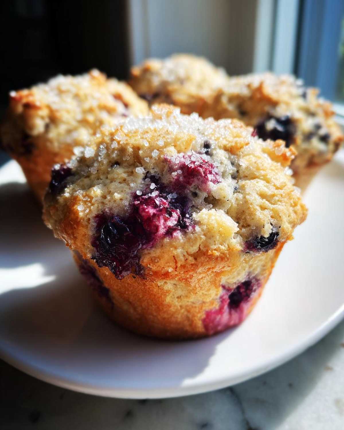 Close-up of golden blueberry oatmeal muffins topped with coarse sugar, sitting on a white plate.