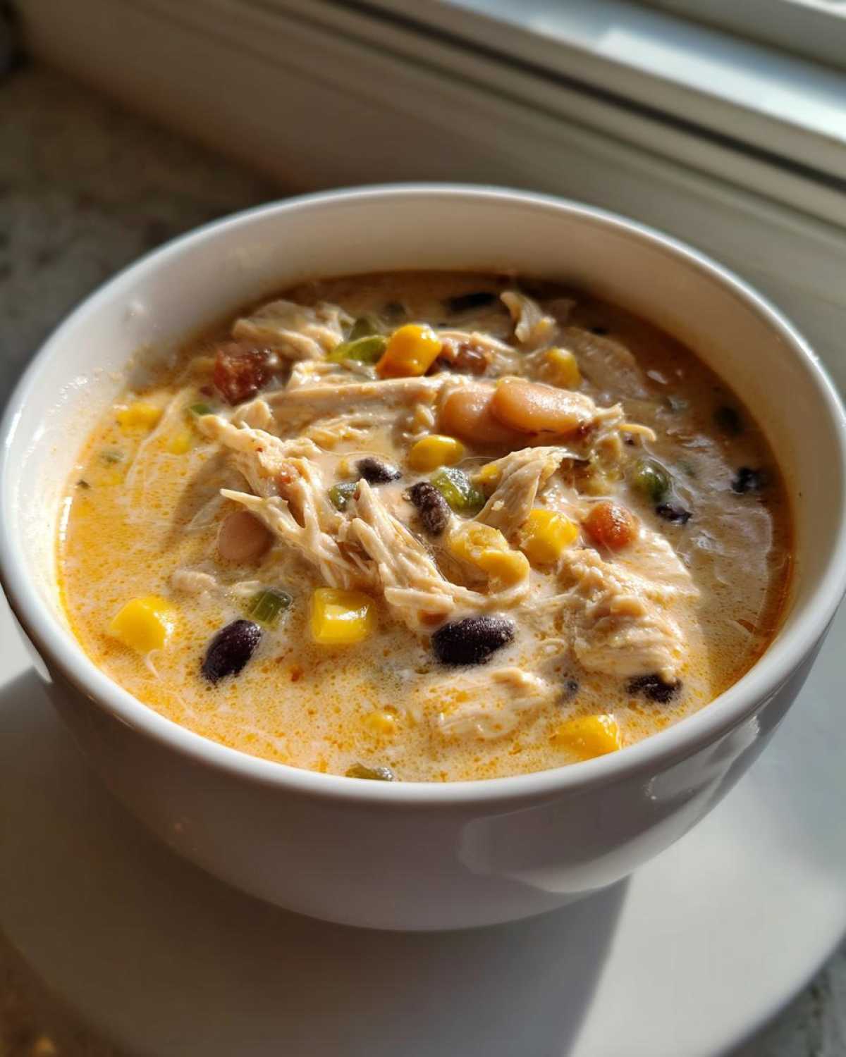 A close-up of a white bowl filled with creamy, shredded cream cheese chicken chili, featuring visible black beans and yellow corn.
