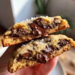 Close-up of two halves of a brown butter chocolate chip cookie showing melted chocolate and sea salt.