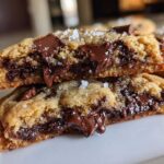 Close-up of two halves of a brown butter chocolate chip cookie showing gooey, melted chocolate chips inside.