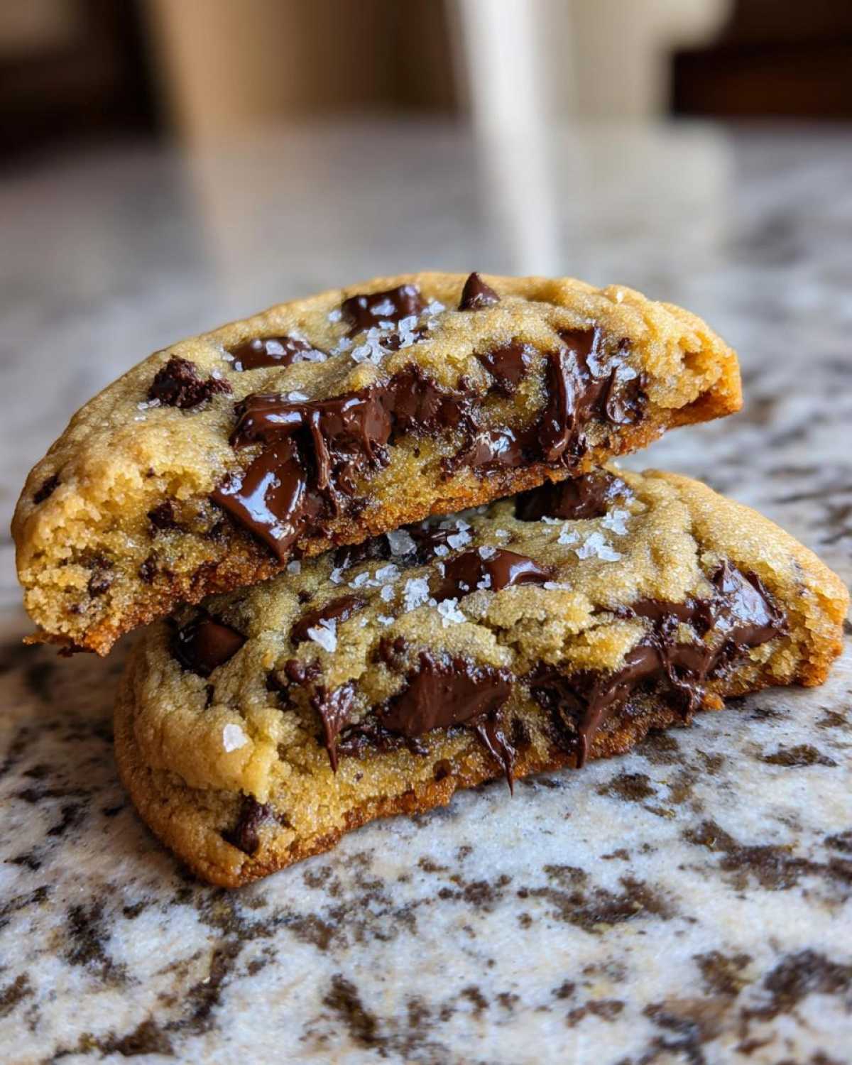 Close-up of brown butter chocolate chip cookies cut in half showing gooey melted chocolate and sea salt.