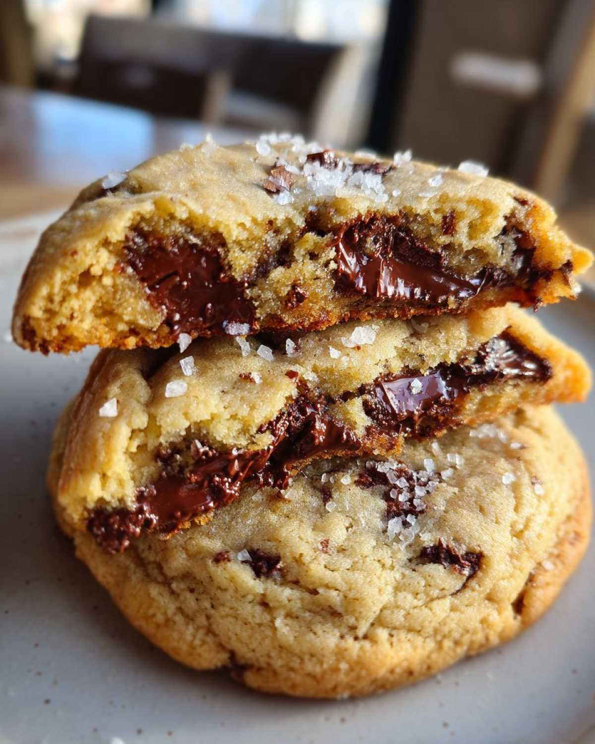 Close-up of two halves of a brown butter chocolate chip cookie showing melted chocolate and sea salt.