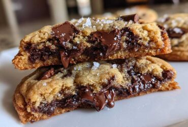 Close-up of two halves of a brown butter chocolate chip cookie showing gooey, melted chocolate chips inside.