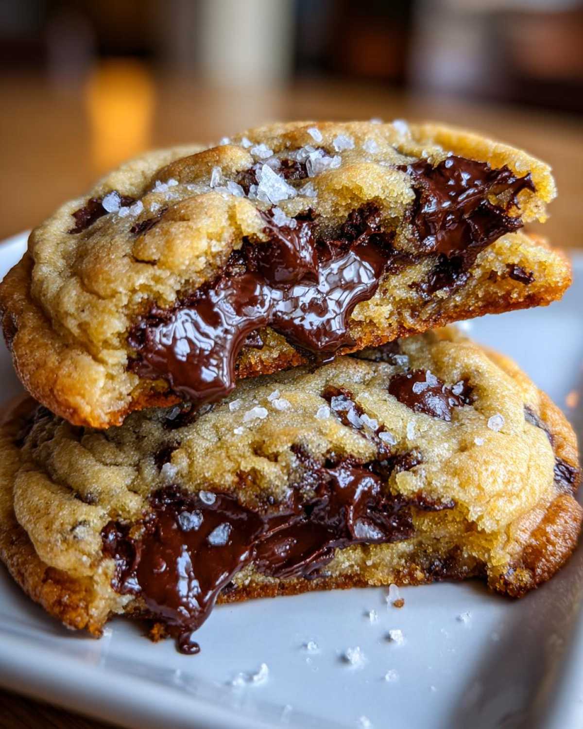 Two halves of a gooey brown butter chocolate chip cookie stacked, showing melted chocolate and sea salt flakes.