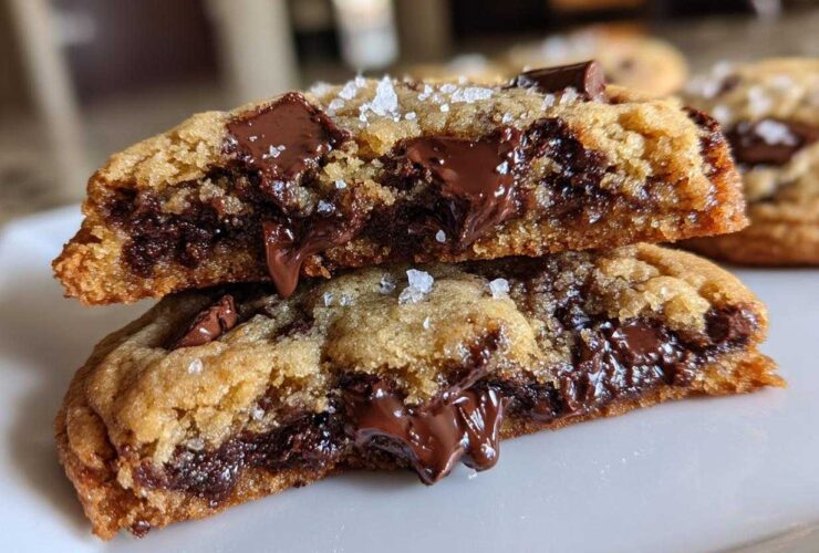 Close-up of two halves of a brown butter chocolate chip cookie showing gooey, melted chocolate chips inside.