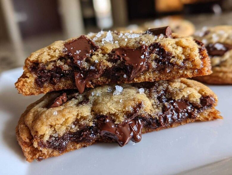 Close-up of two halves of a brown butter chocolate chip cookie showing gooey, melted chocolate chips inside.