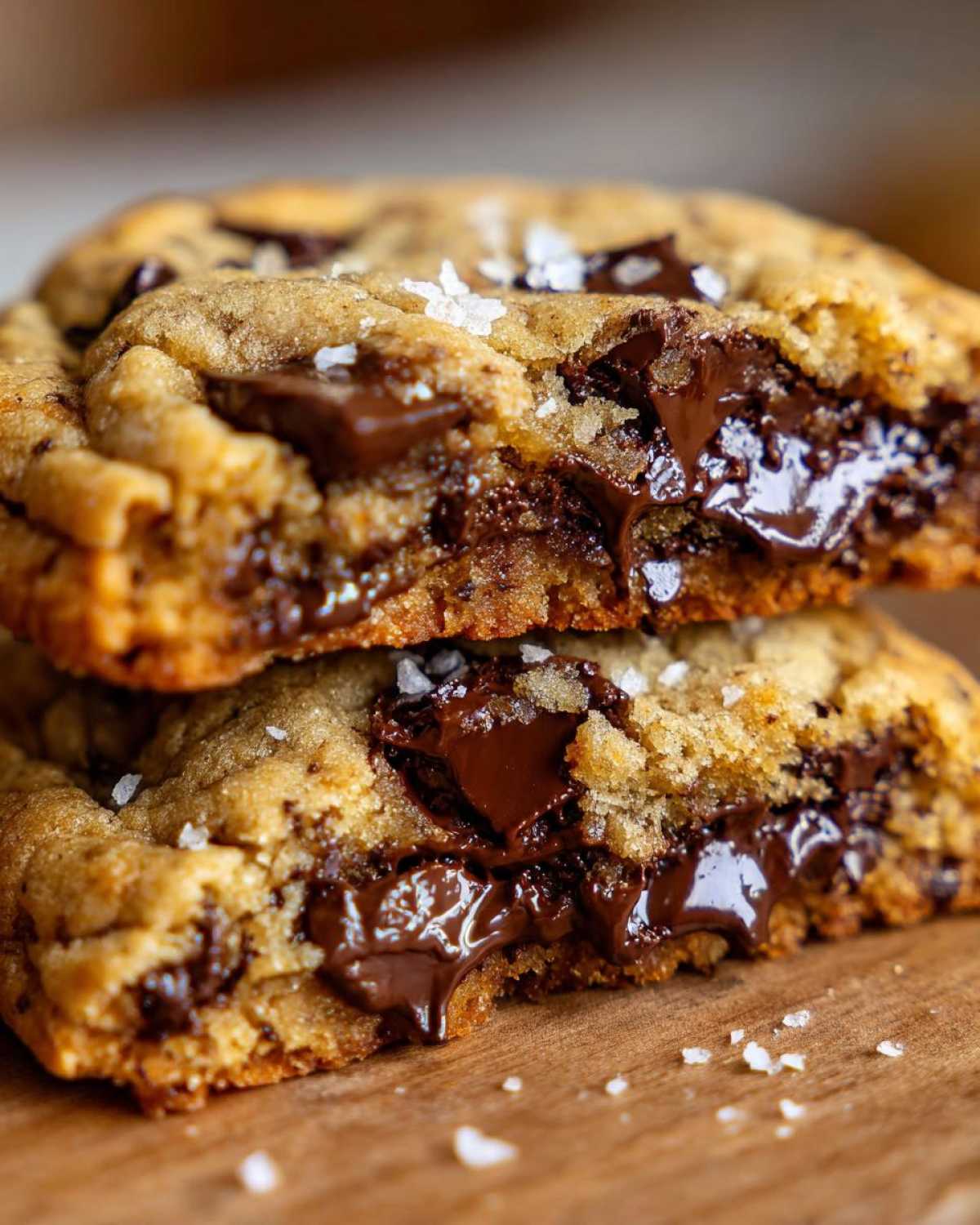 Close-up of two stacked brown butter chocolate chip cookies showing gooey, melted chocolate chunks and sea salt flakes.