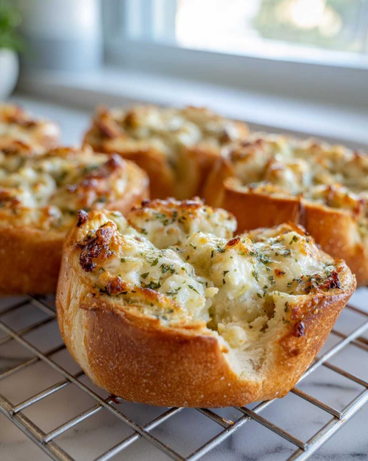 Close-up of a cheesy, baked portion of grinder sliders resting on a cooling rack.