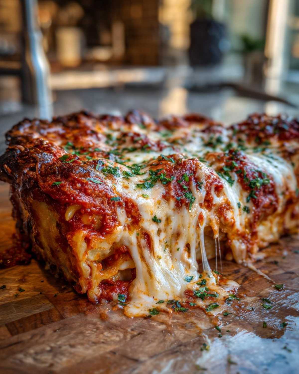A close-up of a slice of baked ravioli casserole with incredibly gooey, melted cheese pulling away.