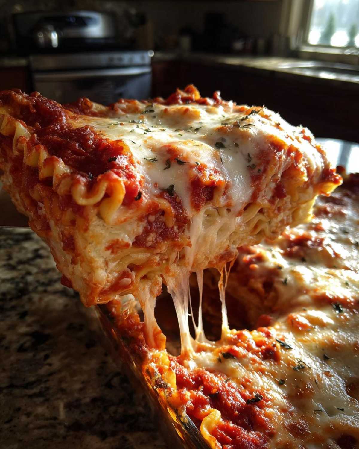 A gooey, cheesy slice of baked ravioli casserole being lifted from the pan, showing long cheese pulls.