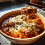 A spoonful of hot crockpot lasagna soup being lifted, showing melted, stringy cheese stretching over the rich tomato sauce.