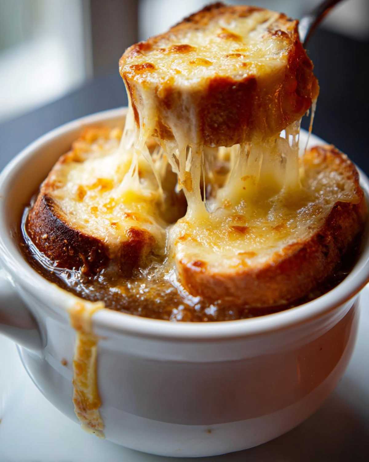 Close-up of a piece of cheesy toast being lifted from a bowl of rich french onion soup, showing long cheese pulls.