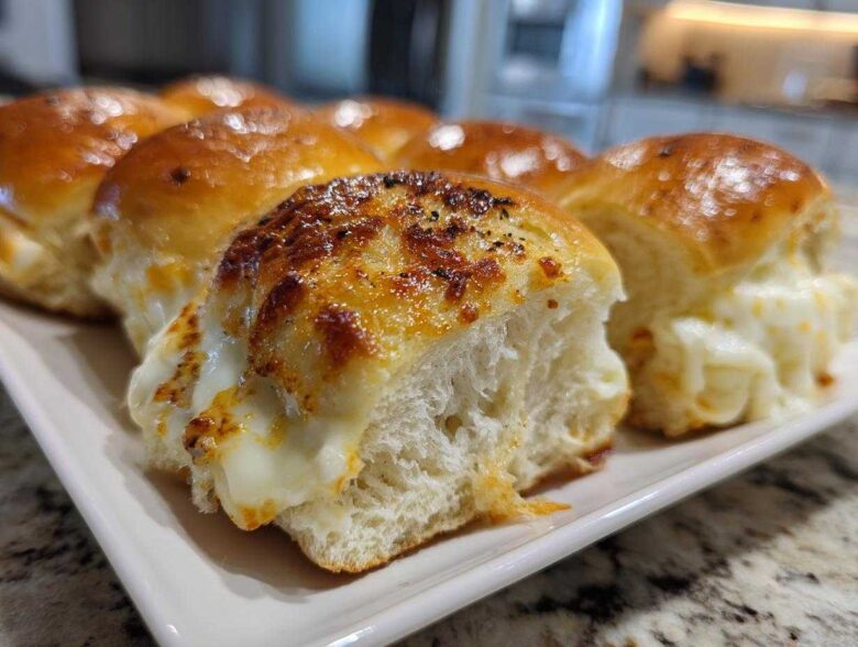 Close-up of cheesy, pull-apart grinder sliders with a golden-brown, bubbly topping on a white platter.
