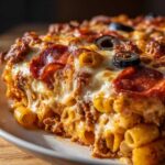Close-up of a cheesy, baked slice of pizza pasta with pepperoni and black olives.