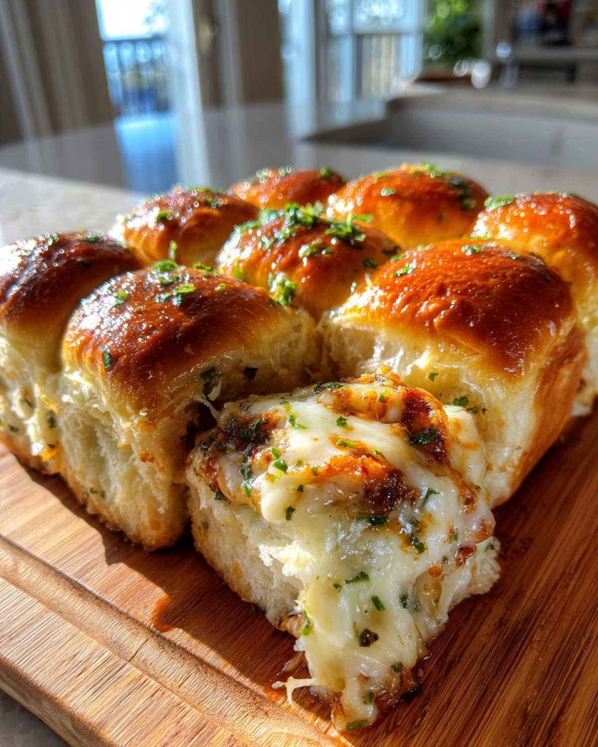 Close-up of baked grinder sliders with melted cheese pulling apart, topped with melted butter and fresh parsley.