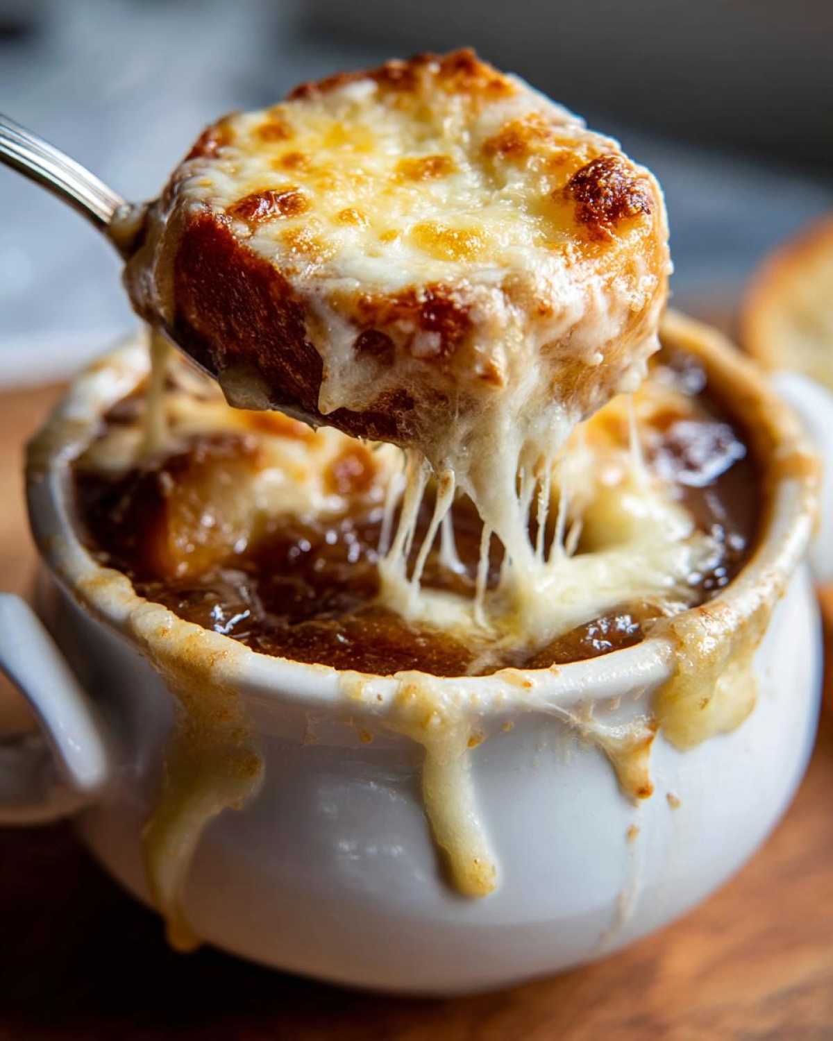 A spoonful of cheesy bread being lifted from a bowl of rich french onion soup recipe, showing melted cheese strings.