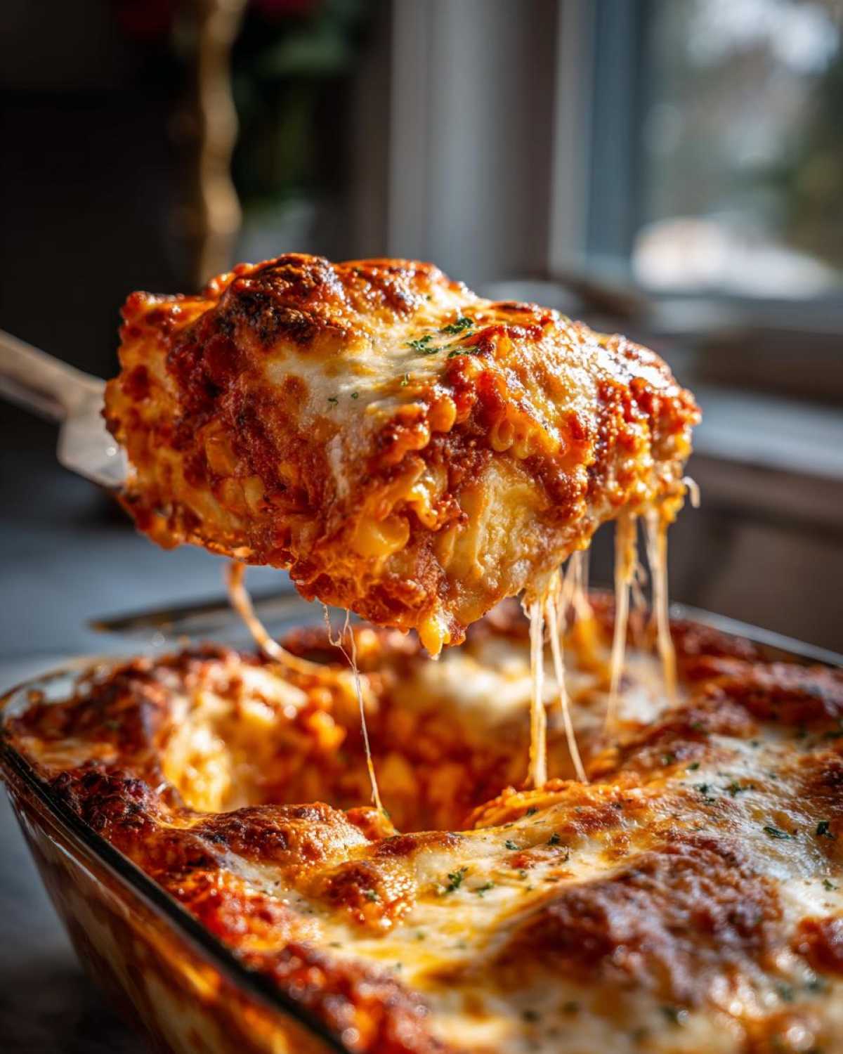 A spatula lifts a cheesy, saucy portion of baked ravioli casserole, showing long cheese pulls.