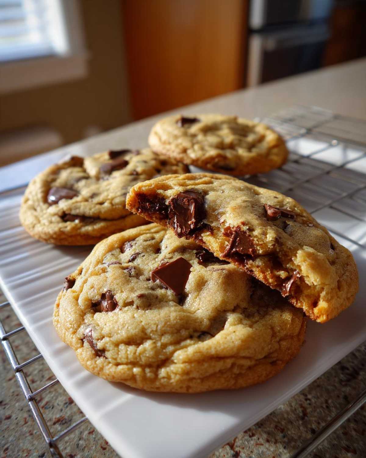 Close-up of perfectly chewy chocolate chip cookies, one broken open revealing melted chocolate chunks.