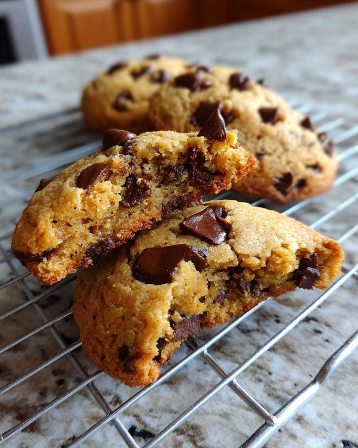 A close-up view of a chewy chocolate chip cookie broken in half, showing a gooey interior, resting on a cooling rack.