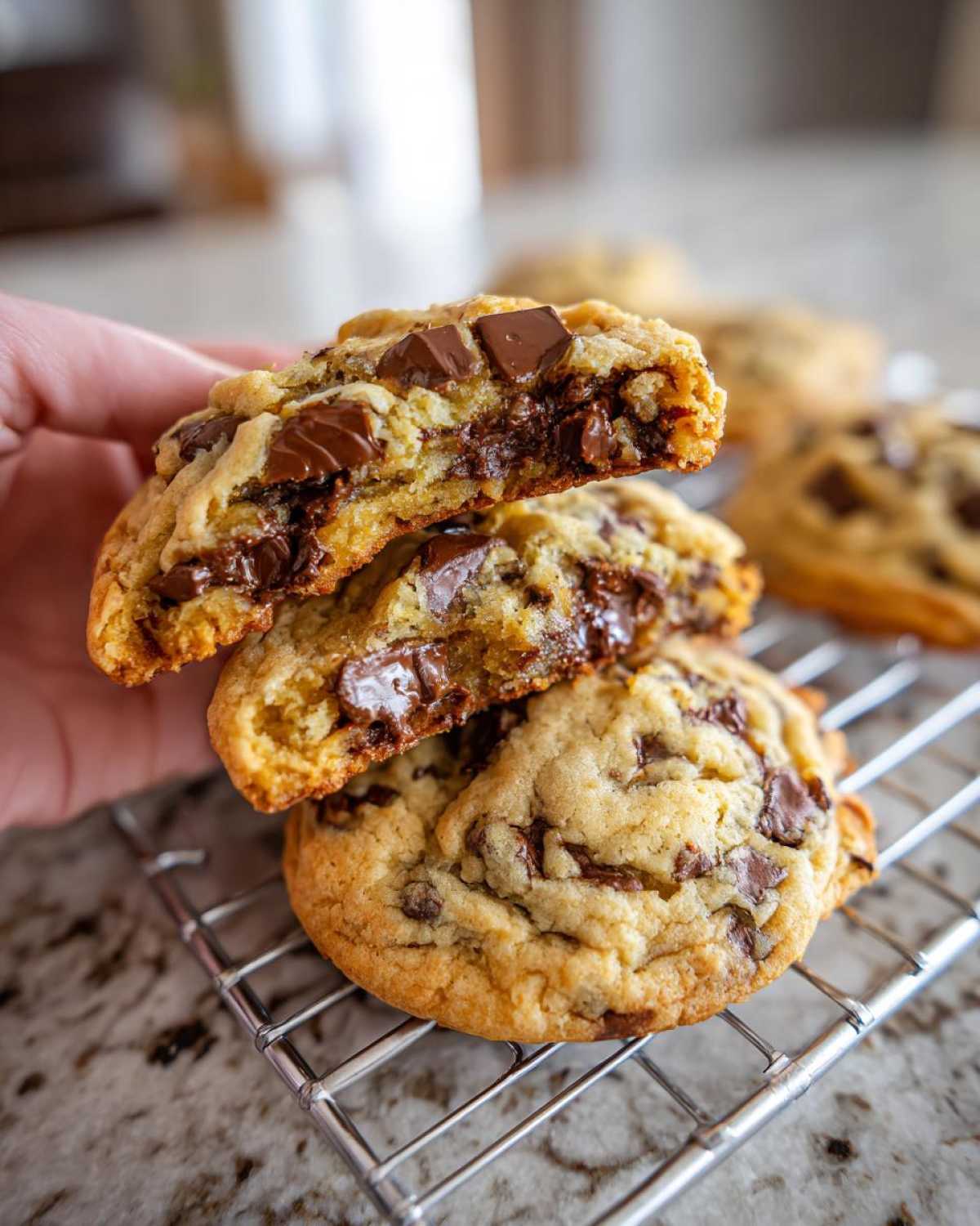A hand breaking open one of the chewy chocolate chip cookies to show the gooey, melted chocolate center.