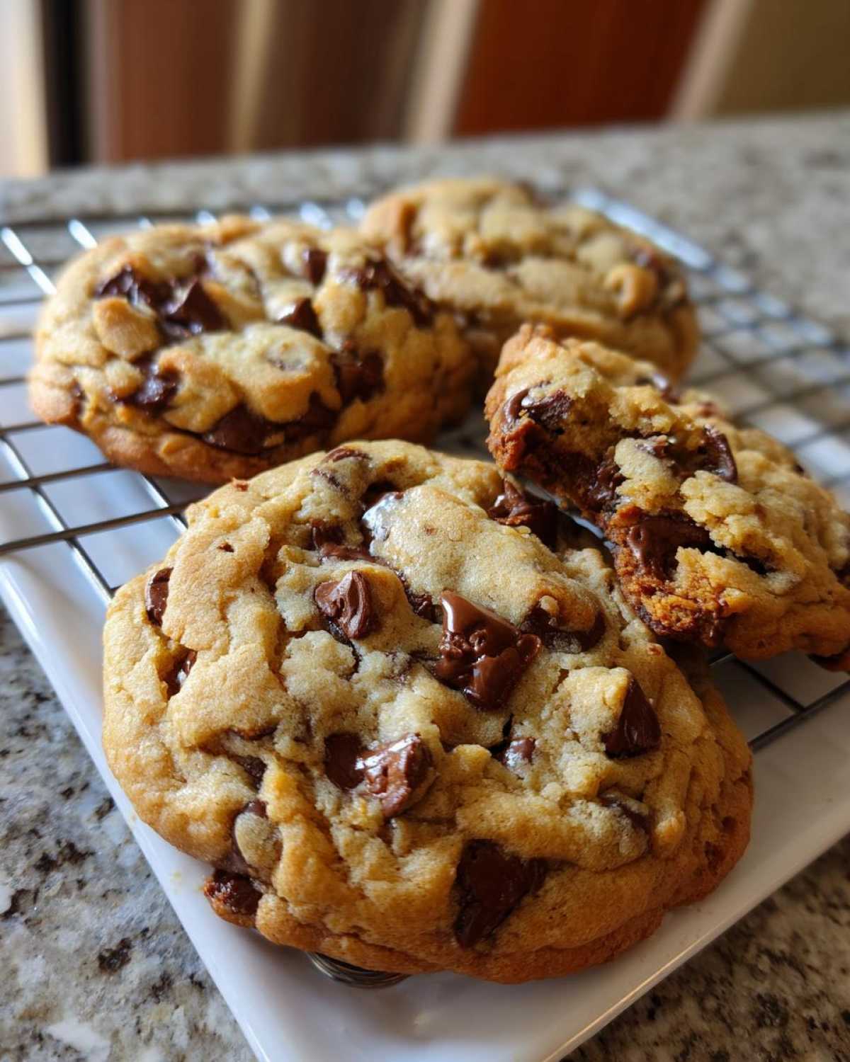 Close-up of several thick, chewy chocolate chip cookies with melted chocolate chips cooling on a wire rack.