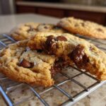 Close-up of chewy chocolate chip cookies, one broken in half showing melted chocolate, sprinkled with sea salt.