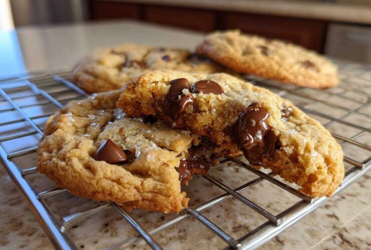 Close-up of chewy chocolate chip cookies, one broken in half showing melted chocolate, sprinkled with sea salt.