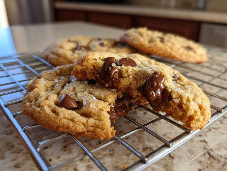 Close-up of chewy chocolate chip cookies, one broken in half showing melted chocolate, sprinkled with sea salt.