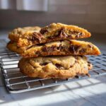 Close-up of three chewy chocolate chip cookies stacked, showing melted chocolate chunks inside.