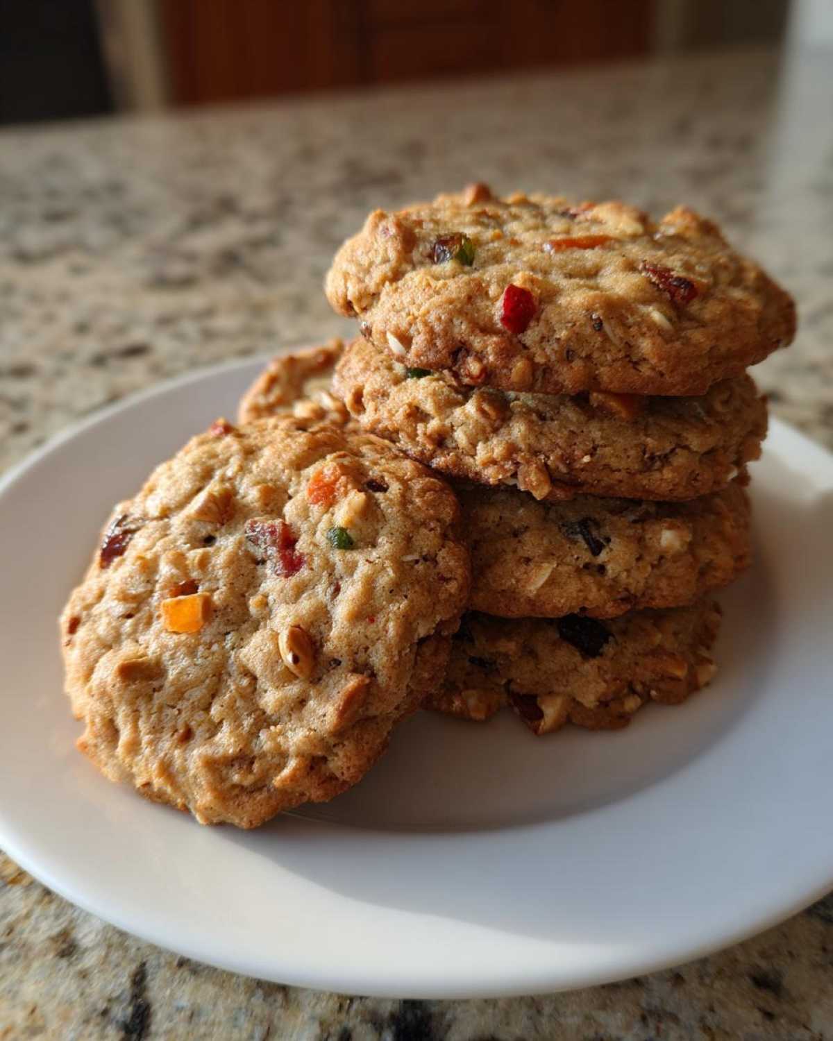 A stack of four chewy fruitcake cookies loaded with candied fruit and nuts, served on a white plate.