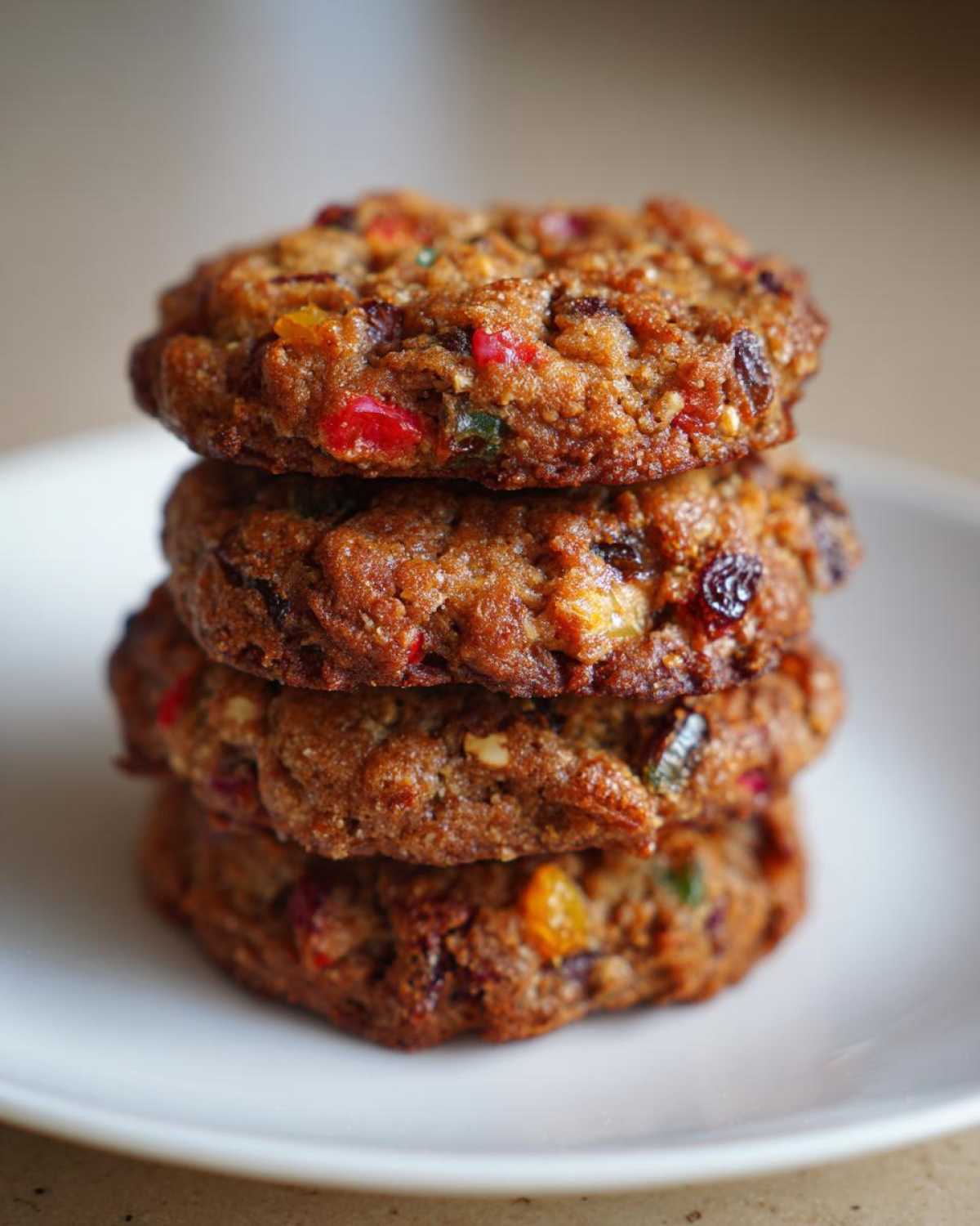 A close-up stack of three chewy fruitcake cookies loaded with colorful candied fruit pieces on a white plate.